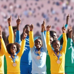 An image of a podium with athletes wearing medals, raising their hands in celebration