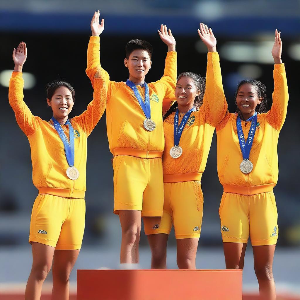 An image of a podium with three athletes wearing medals, raising their hands in triumph