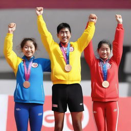 An image of a podium with three athletes wearing medals, raising their hands in triumph