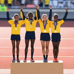 An image of a podium with three athletes wearing medals, raising their hands in triumph