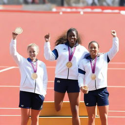 An image of a podium with three athletes wearing medals, raising their hands in triumph