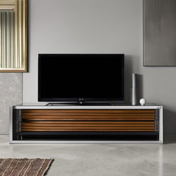 A sleek and modern Louvers panel TV unit design with minimalist aesthetics, incorporating practical storage solutions, in a blend of metallic and wooden finishes.