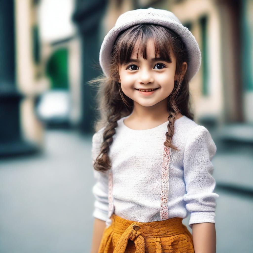 A cute, petite girl dressed in a stylish and fashionable outfit
