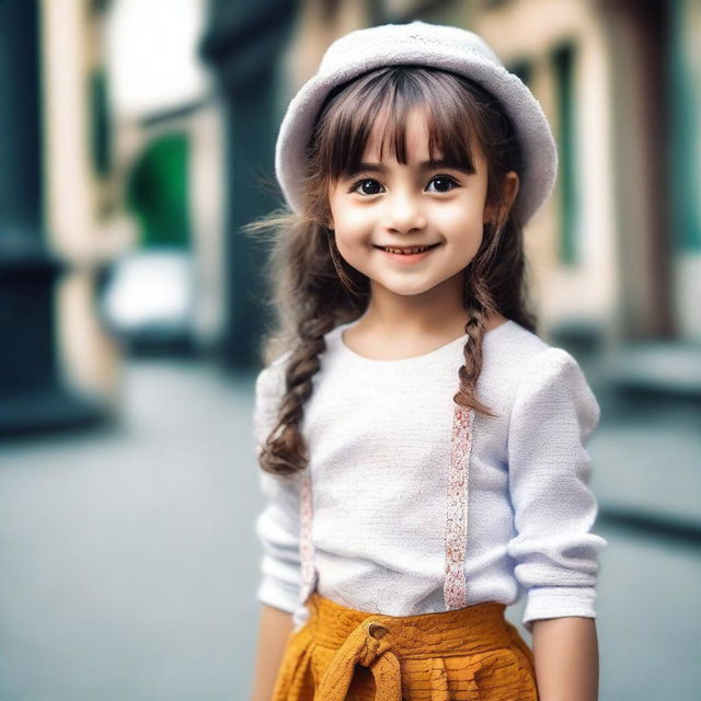 A cute, petite girl dressed in a stylish and fashionable outfit