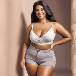Generate an image of a model playfully posing in a way that highlights her curves