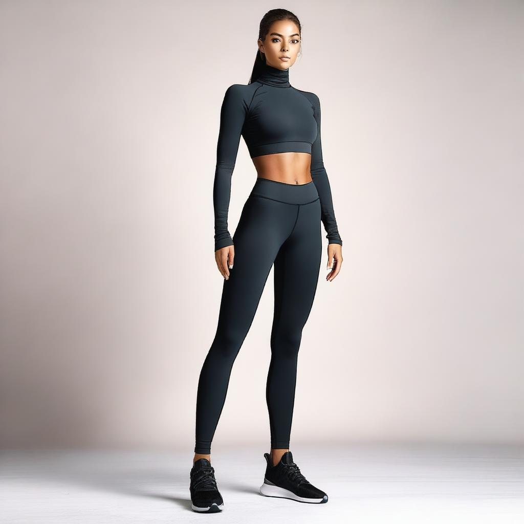 Generate an image of a model posing in a way that tastefully showcases her fit physique while wearing fashionable leggings