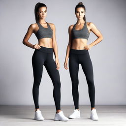 Generate an image of a model posing in a way that tastefully showcases her fit physique while wearing fashionable leggings