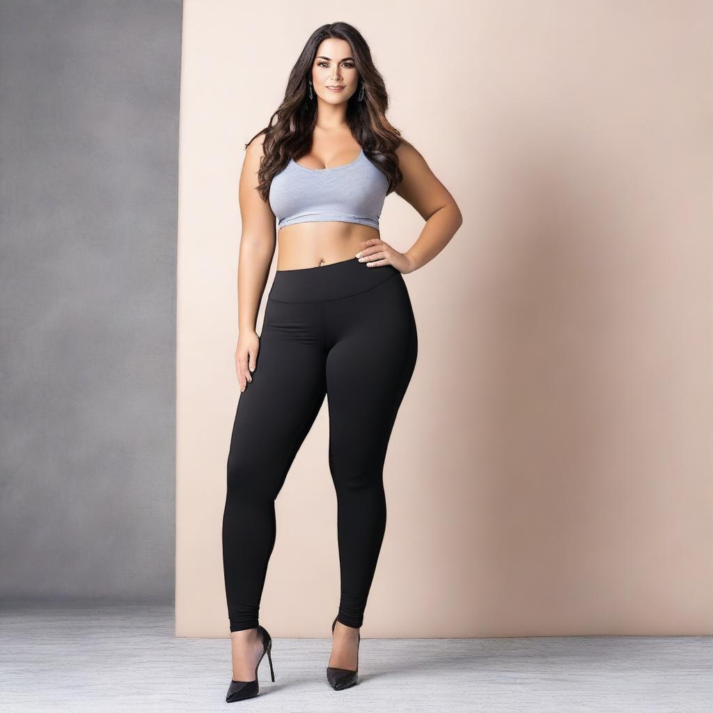 Generate an image of a model with a curvy figure, posing in a way that tastefully showcases her physique while wearing fashionable leggings