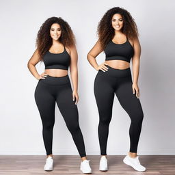 Generate an image of a model with a curvy figure, posing in a way that tastefully showcases her physique while wearing fashionable leggings