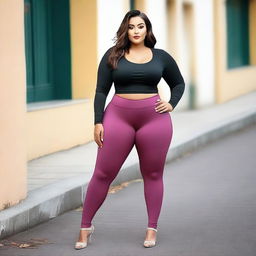 Generate an image of a model with a curvy figure, posing in a way that tastefully showcases her physique while wearing fashionable leggings