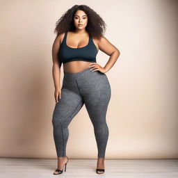 Generate an image of a model with a curvy figure, posing in a way that tastefully showcases her physique while wearing fashionable leggings