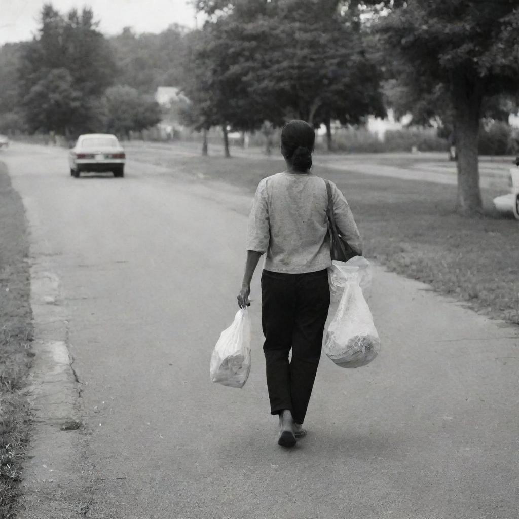 A captured moment of a woman casually strolling her way back to her home, maybe she's has a bag of groceries in one hand.