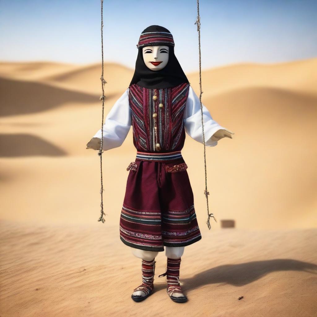 Generate an image of a marionette doll wearing traditional Bedouin attire.