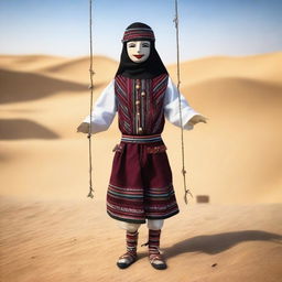 Generate an image of a marionette doll wearing traditional Bedouin attire.