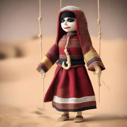 Generate an image of a marionette doll wearing traditional Bedouin attire.
