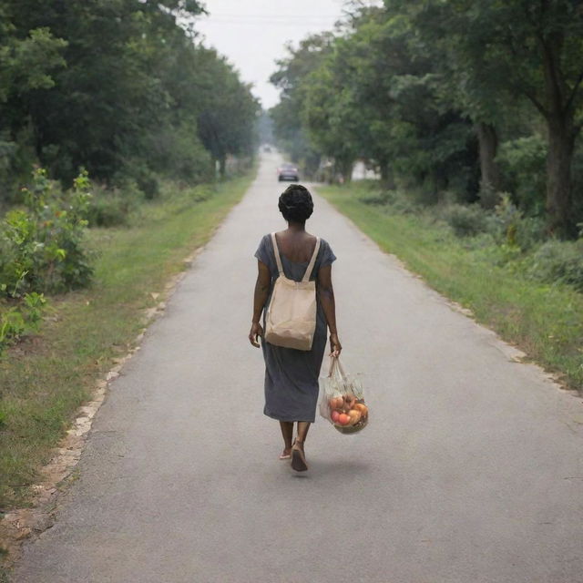 A captured moment of a woman casually strolling her way back to her home, maybe she's has a bag of groceries in one hand.