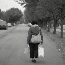 A captured moment of a woman casually strolling her way back to her home, maybe she's has a bag of groceries in one hand.