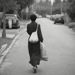 A captured moment of a woman casually strolling her way back to her home, maybe she's has a bag of groceries in one hand.