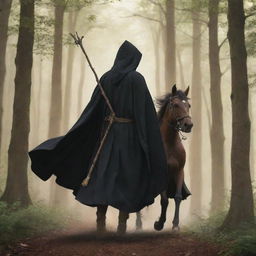 Anime style depiction of a young king in a black robe, sans crown, and a wizard in a brown robe with a staff, seen from behind, both mounted on separate horses charging through a forest.