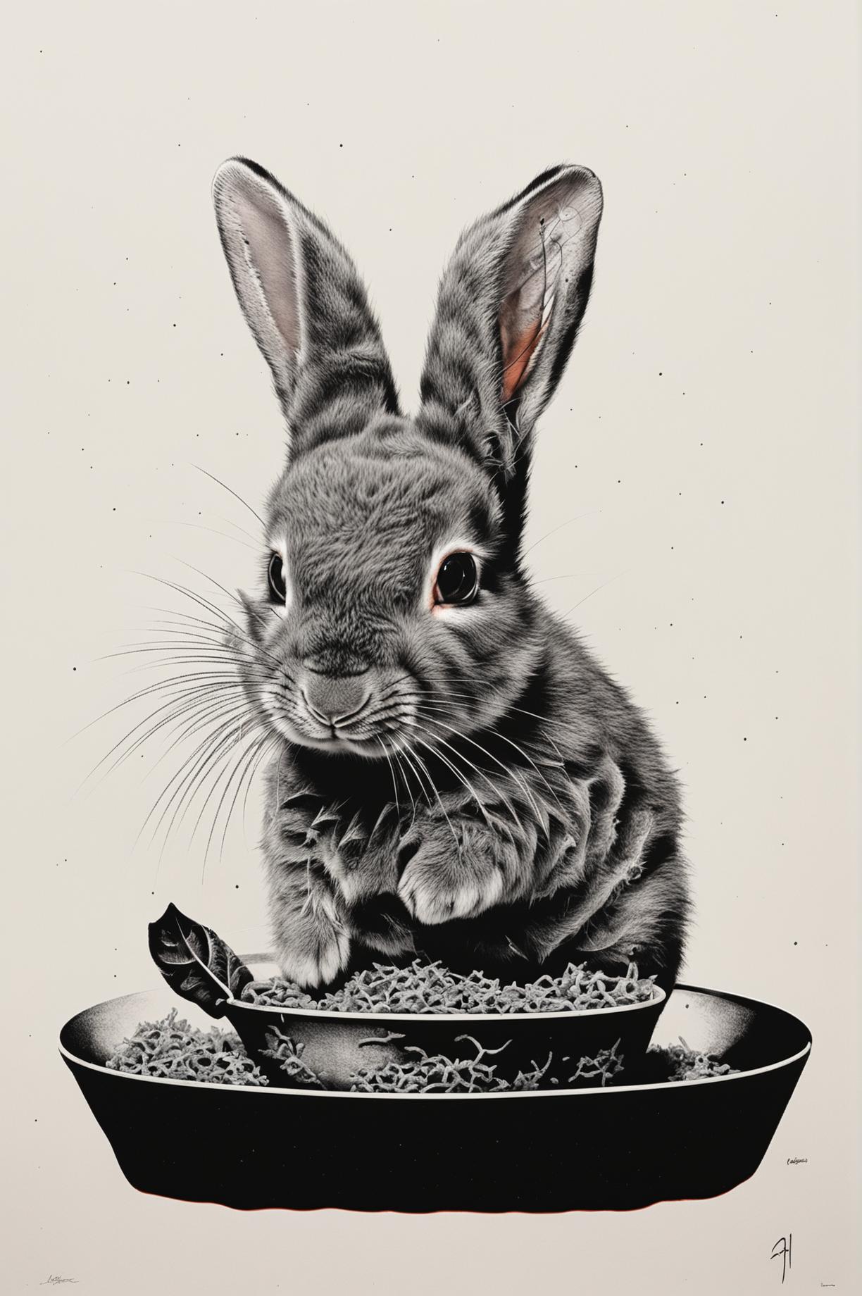 Generate another black and white screen print image of a baby bunny in a playful pose
