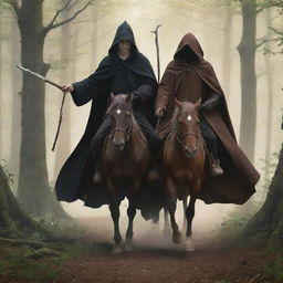 Anime style depiction of a young king in a black robe, sans crown, and a wizard in a brown robe with a staff, seen from behind, both mounted on separate horses charging through a forest.