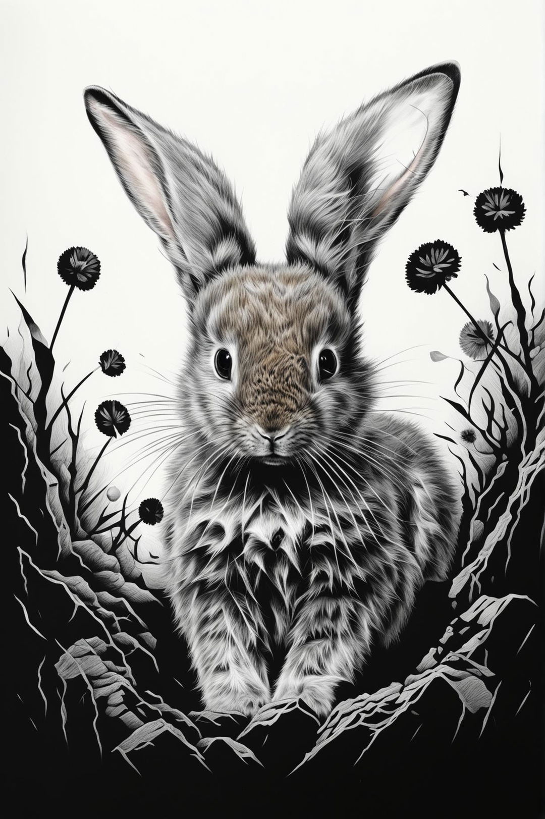 Generate a black and white screen print image of a baby floppy eared bunny in a different scene like a burrow or a meadow