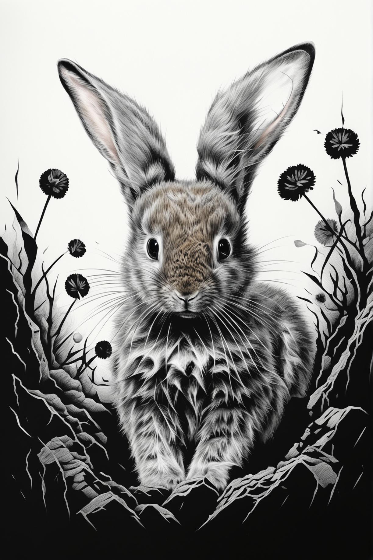 Generate a black and white screen print image of a baby floppy eared bunny in a different scene like a burrow or a meadow
