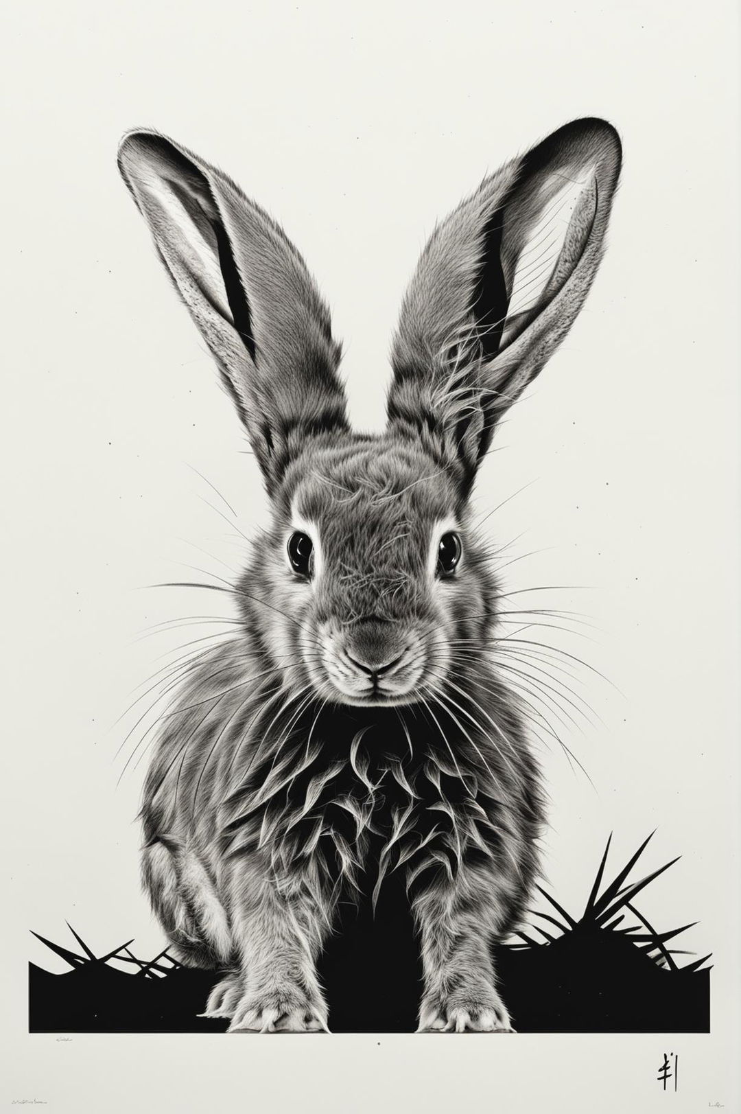 Create a different black and white screen print image of a baby flop ear rabbit