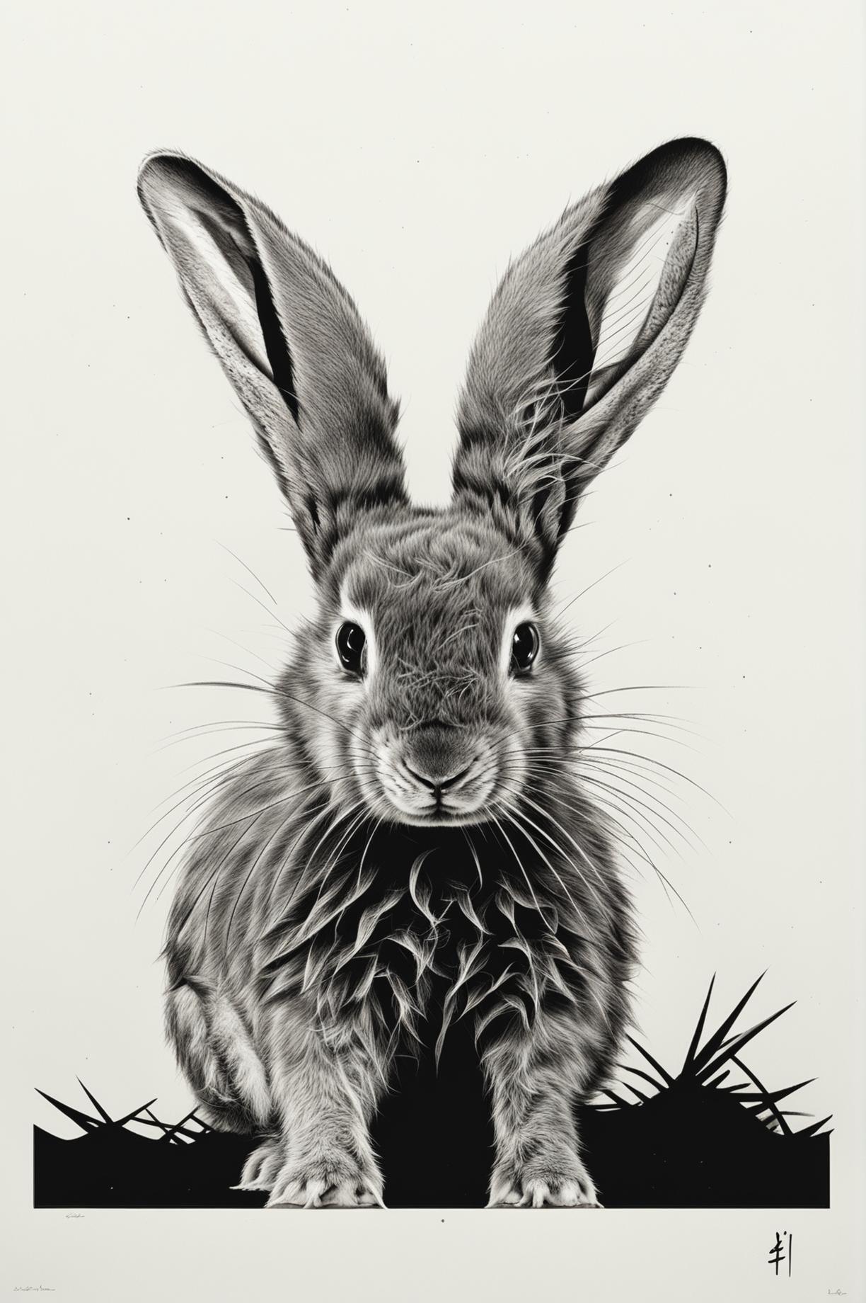 Create a different black and white screen print image of a baby flop ear rabbit