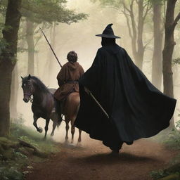 Anime style depiction of a young king in a black robe, sans crown, and a wizard in a brown robe with a staff, seen from behind, both mounted on separate horses charging through a forest.