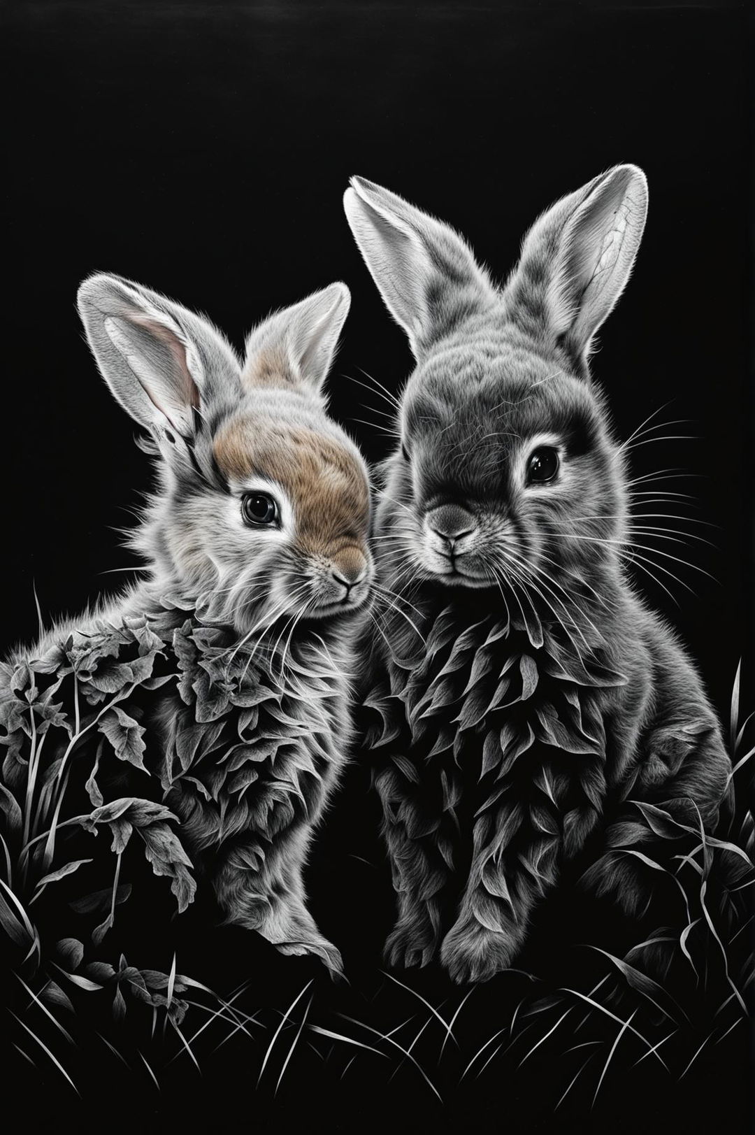 Create a black and white screen print image featuring two baby bunnies interacting with each other