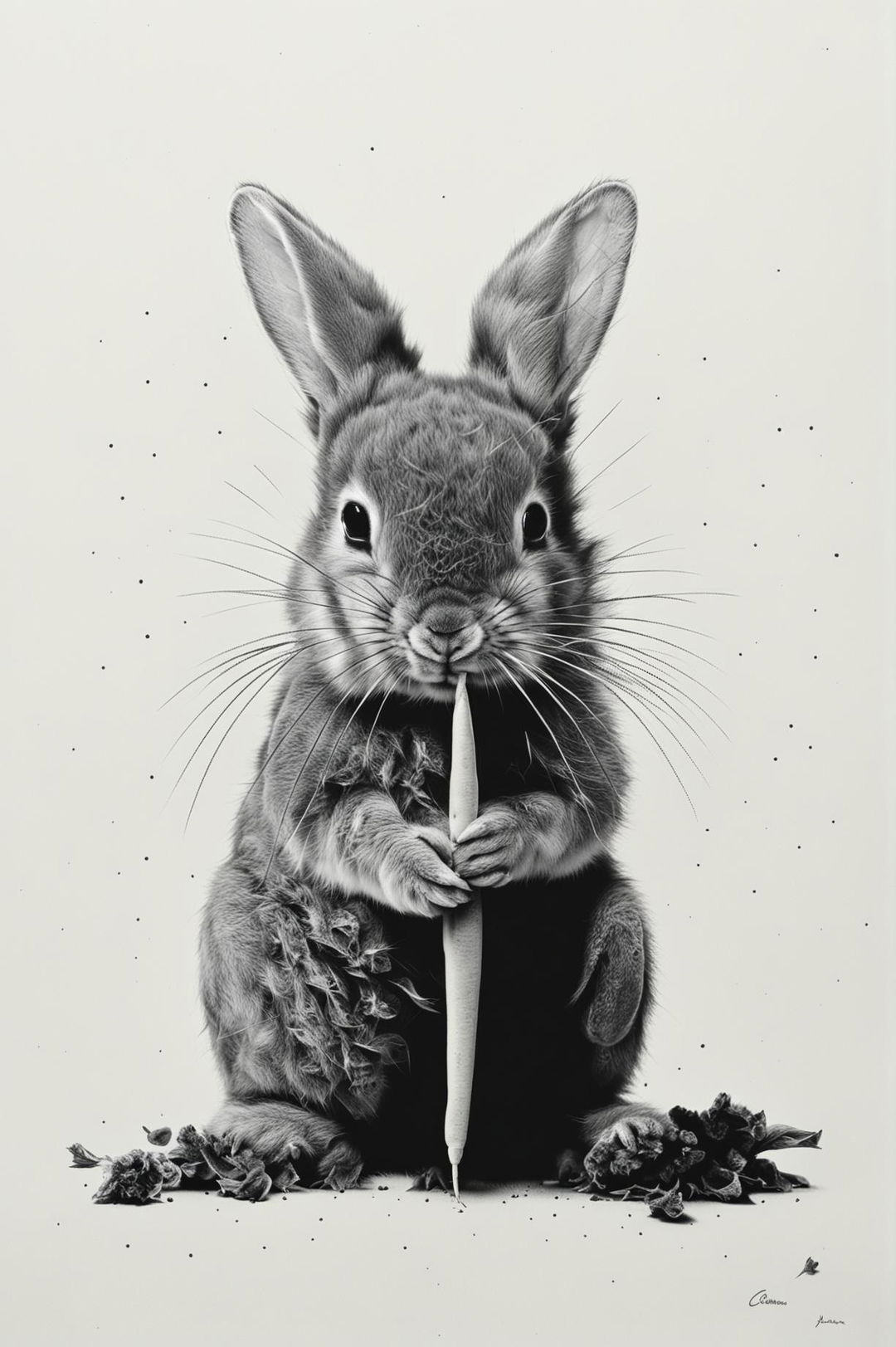 Generate a black and white screen print image of a baby bunny eating a carrot