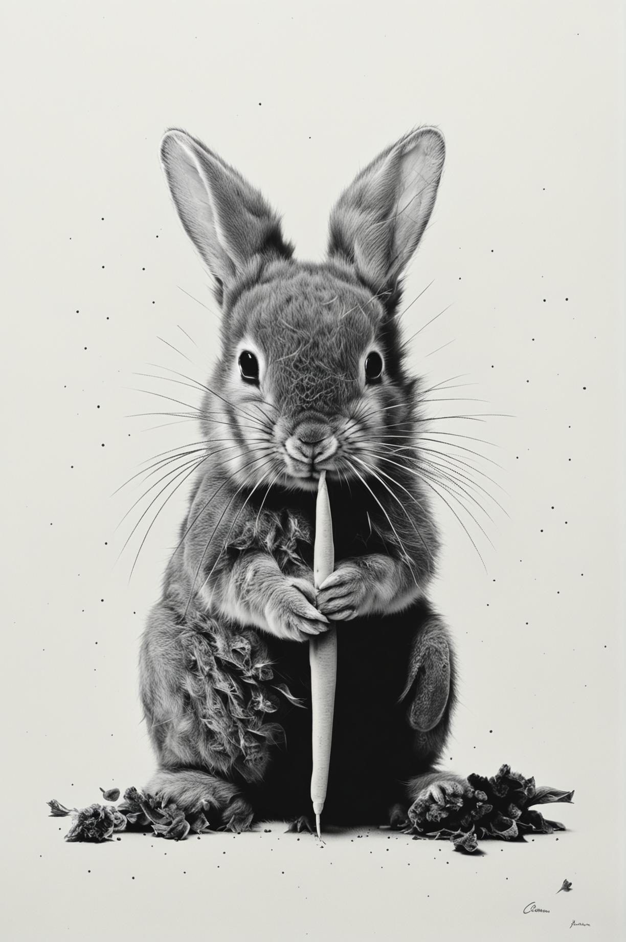 Generate a black and white screen print image of a baby bunny eating a carrot