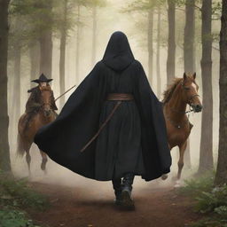 Anime style depiction of a young king in a black robe, sans crown, and a wizard in a brown robe with a staff, seen from behind, both mounted on separate horses charging through a forest.