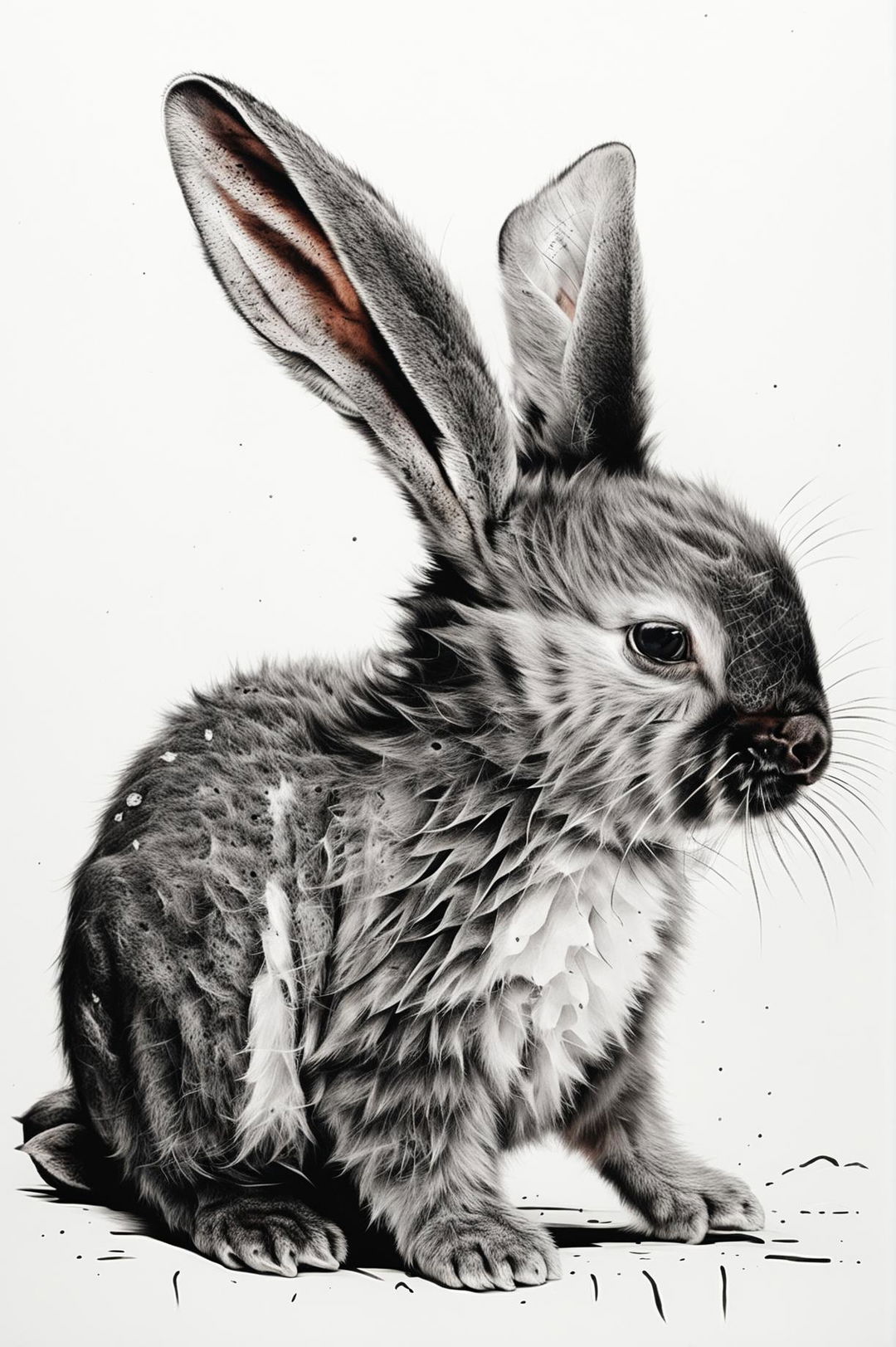 Create a black and white screen print image of a baby bunny in side view