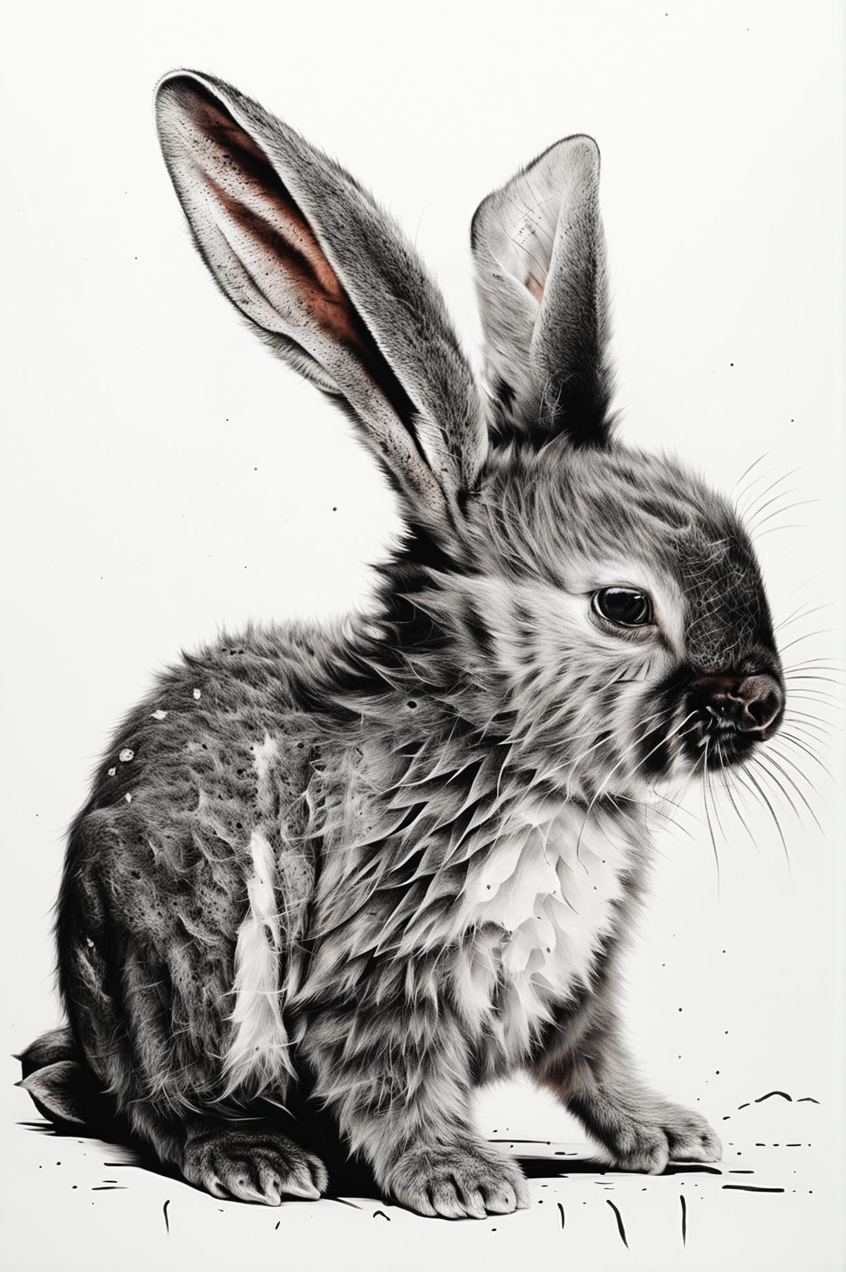Create a black and white screen print image of a baby bunny in side view