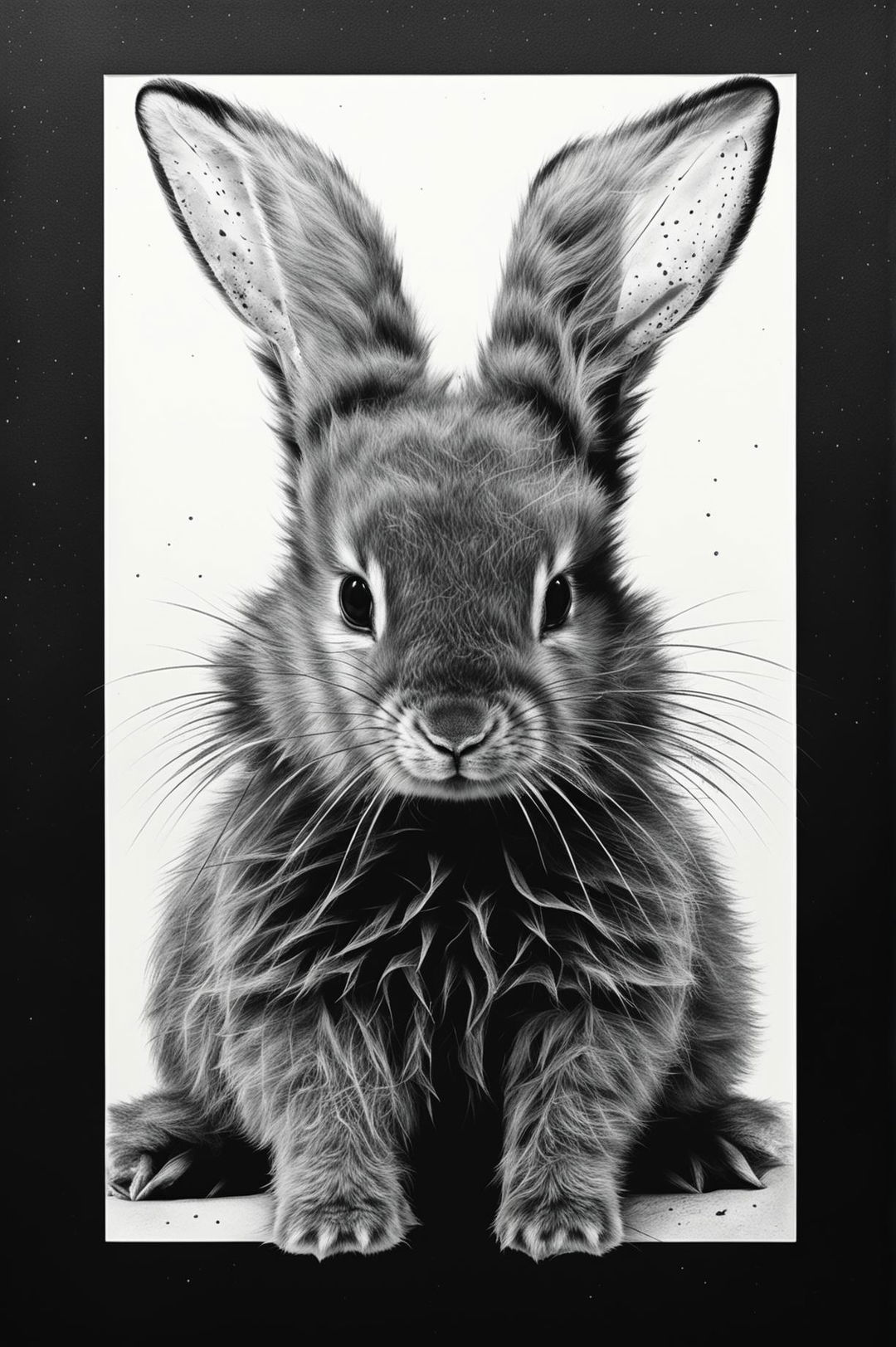 Create a black and white screen print image of a baby bunny with long, floppy ears