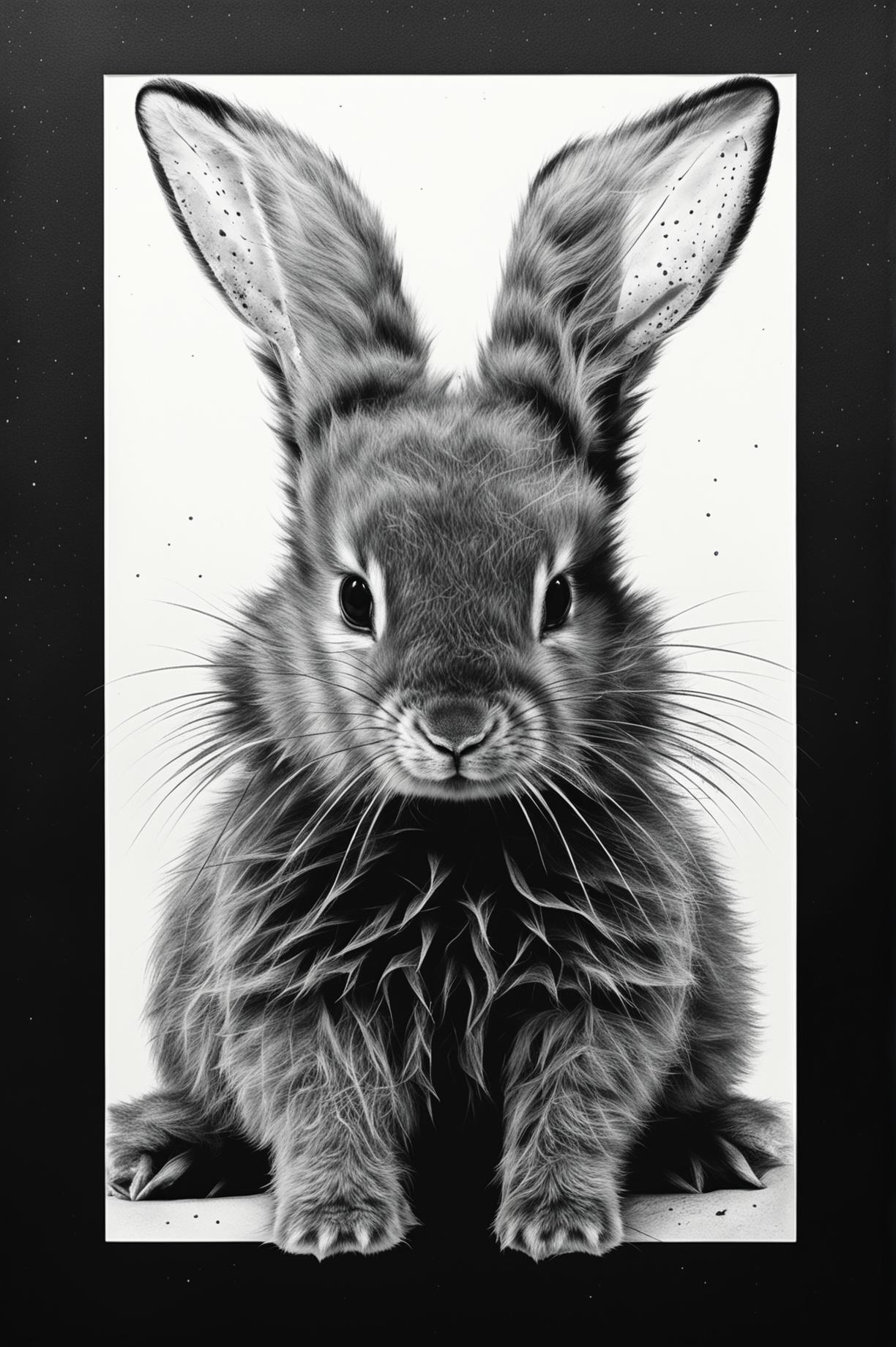 Create a black and white screen print image of a baby bunny with long, floppy ears