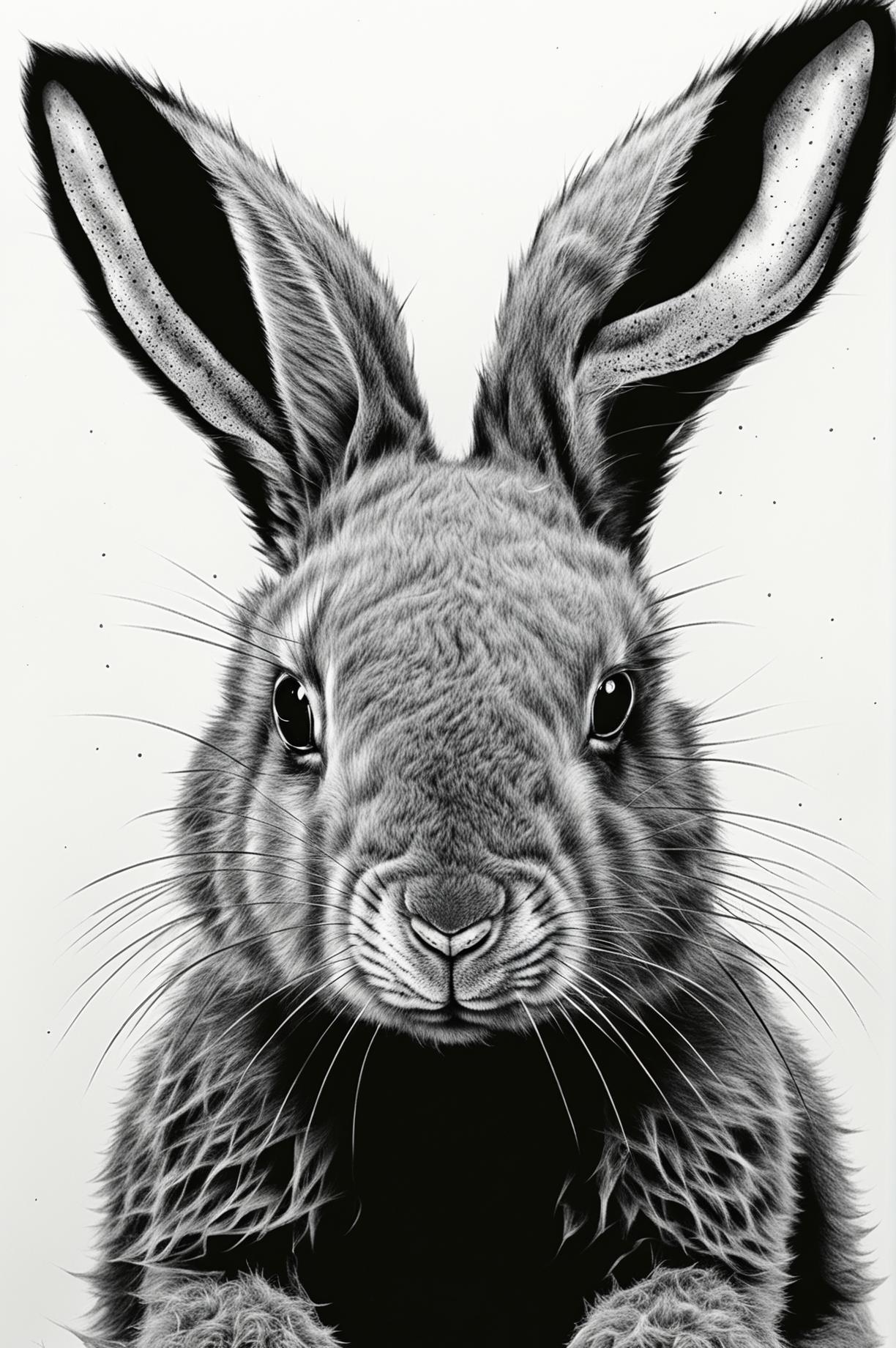 Generate a black and white screen print image of a baby bunny's face