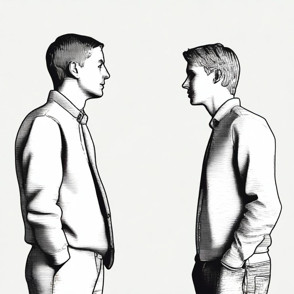 Generate an image of two people standing next to each other, appearing as if they are having a conversation