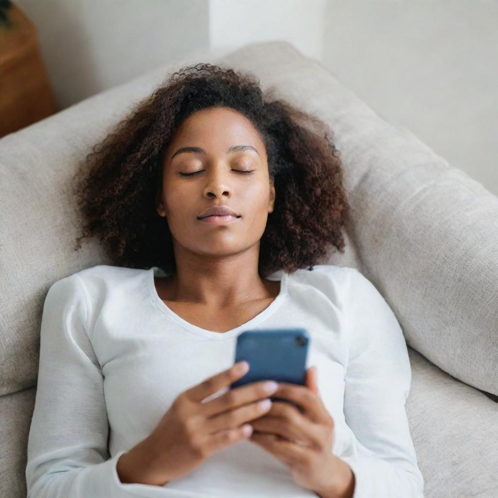 A vivid image of a woman at ease, laying down comfortably while holding and looking at her phone.