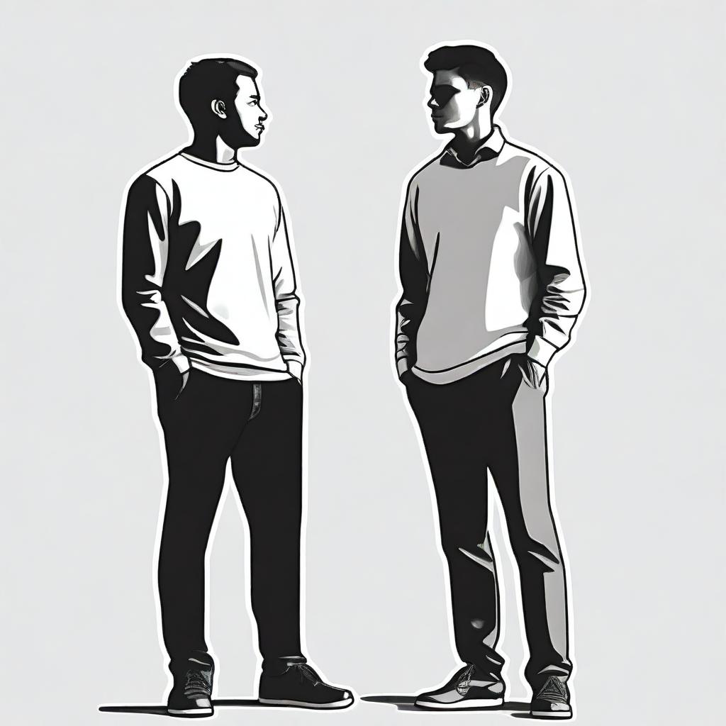 Generate an image of two people standing next to each other, appearing as if they are having a conversation