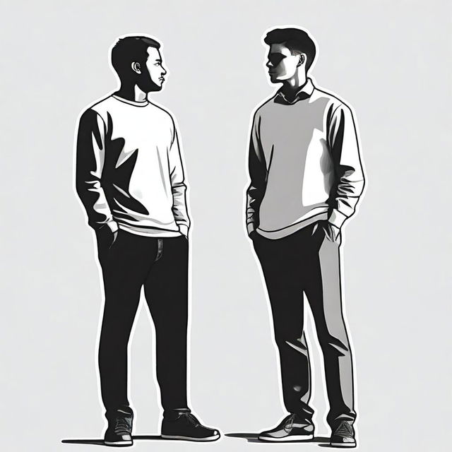 Generate an image of two people standing next to each other, appearing as if they are having a conversation