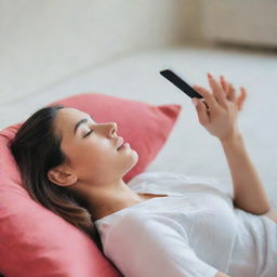 A vivid image of a woman at ease, laying down comfortably while holding and looking at her phone.