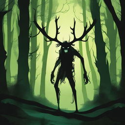 A bizarre humanoid forest creature with elongated limbs and antlers stalks through a dark forest