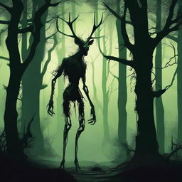 A bizarre humanoid forest creature with elongated limbs and antlers stalks through a dark forest