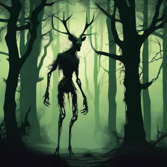 A bizarre humanoid forest creature with elongated limbs and antlers stalks through a dark forest