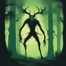 A bizarre humanoid forest creature with elongated limbs and antlers stalks through a dark forest