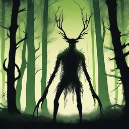 A bizarre humanoid forest creature with elongated limbs and antlers stalks through a dark forest