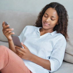 A vivid image of a woman at ease, laying down comfortably while holding and looking at her phone.